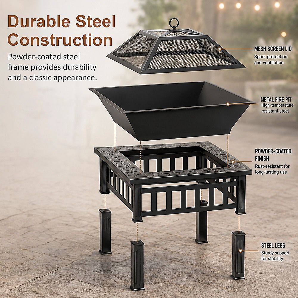 18-Inch Square Metal Fire Pit Outdoor Heater with Mesh Screen Lid, 10.89kg