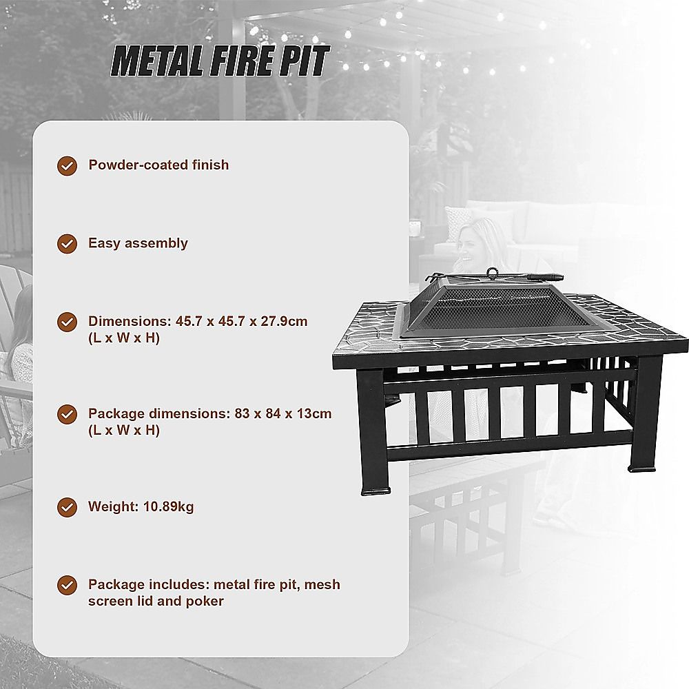 18-Inch Square Metal Fire Pit Outdoor Heater with Mesh Screen Lid, 10.89kg