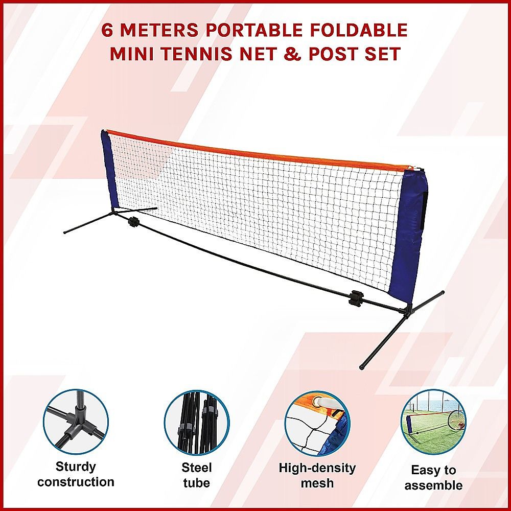 Portable Foldable 6m Tennis Net and Post Set with Steel Frame and Carry Bag