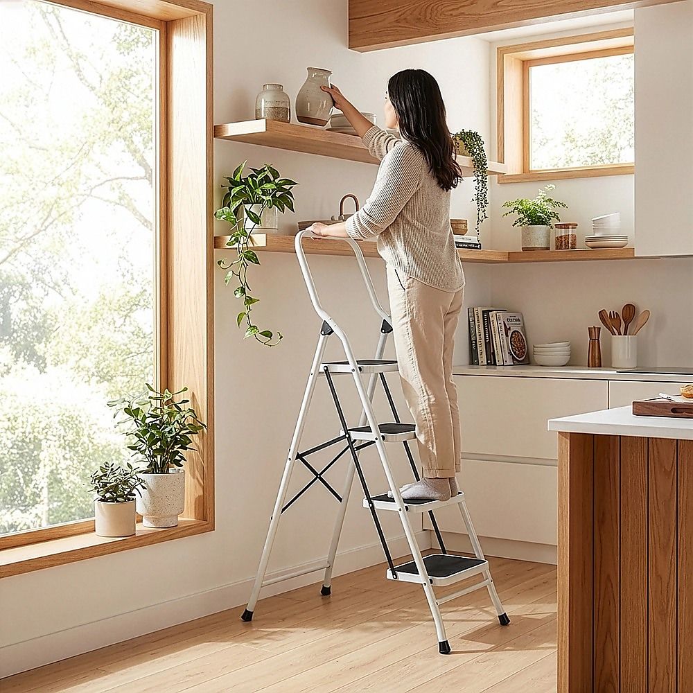 Foldable Non-Slip 4-Step Steel Ladder, 150kg Rated Per Step, Compact Fold