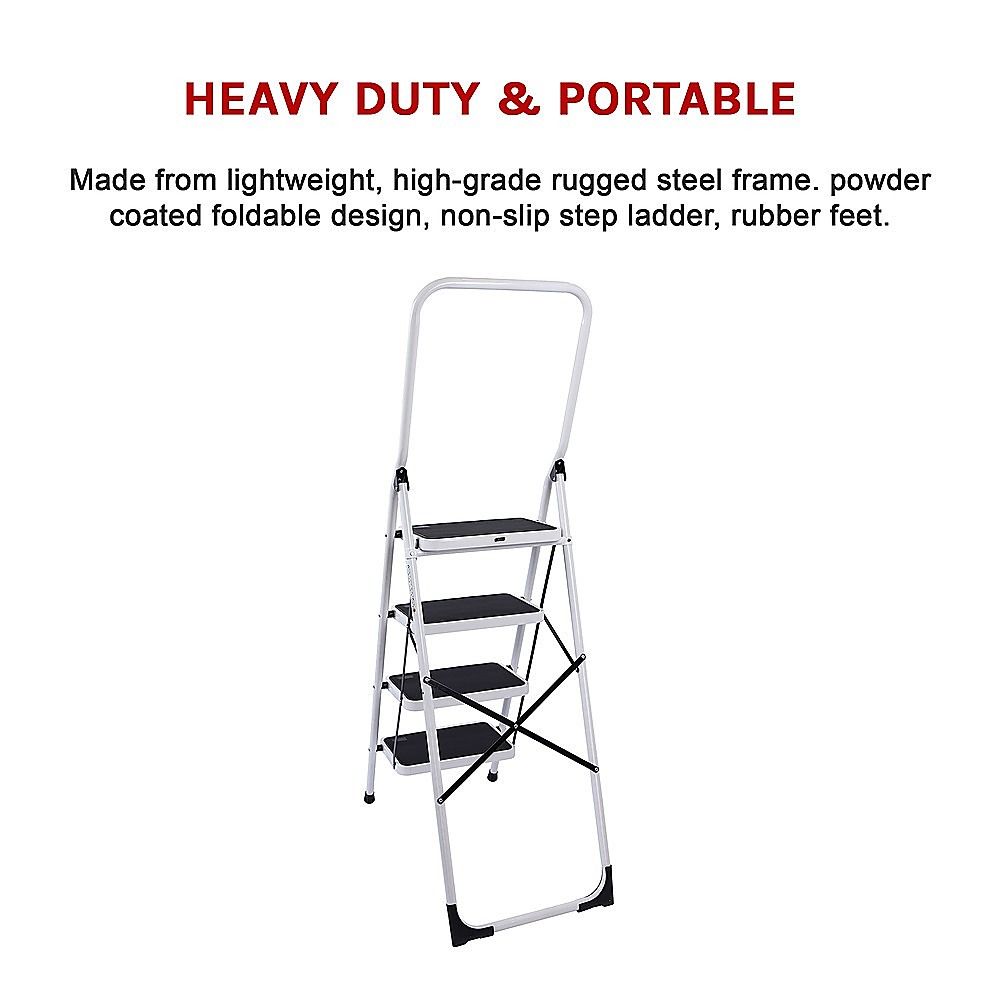 Foldable Non-Slip 4-Step Steel Ladder, 150kg Rated Per Step, Compact Fold