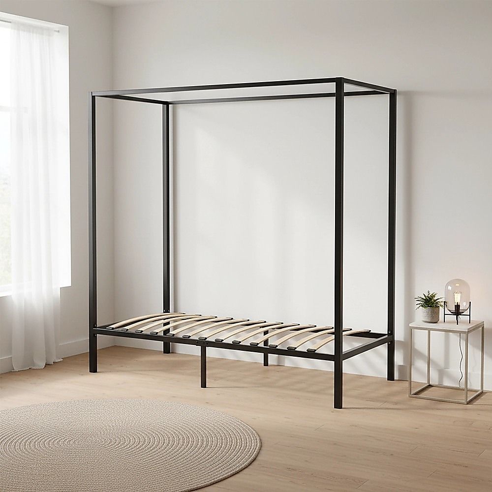 4 Four Poster Single Bed Frame Steel Construction Black 300kg Capacity