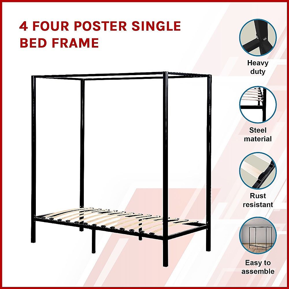4 Four Poster Single Bed Frame Steel Construction Black 300kg Capacity