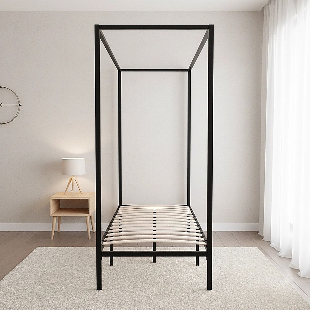 4 Four Poster Single Bed Frame Steel Construction Black 300kg Capacity