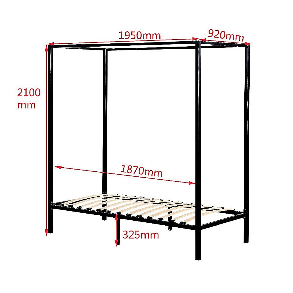 4 Four Poster Single Bed Frame Steel Construction Black 300kg Capacity
