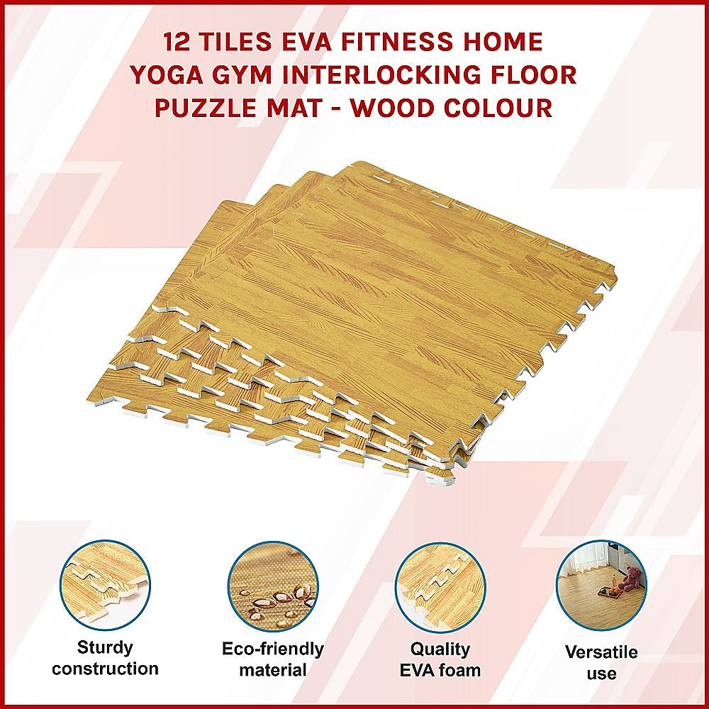 12 Tiles EVA Fitness Home Yoga Gym Interlocking Floor Puzzle Mat - Wood Colour