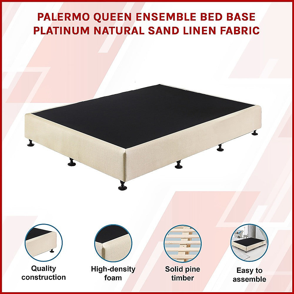 Queen Ensemble Bed Base Platinum Natural Sand Linen Fabric
