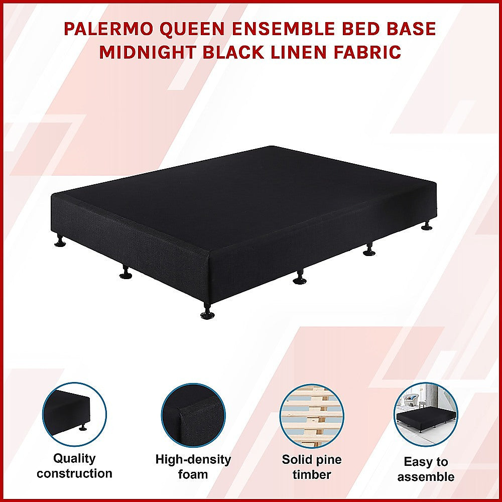 Queen Ensemble Bed Base Midnight Black Linen Fabric