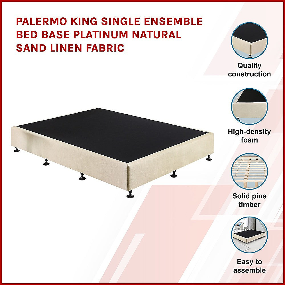 King Single Ensemble Bed Base Platinum Natural Sand Linen Fabric