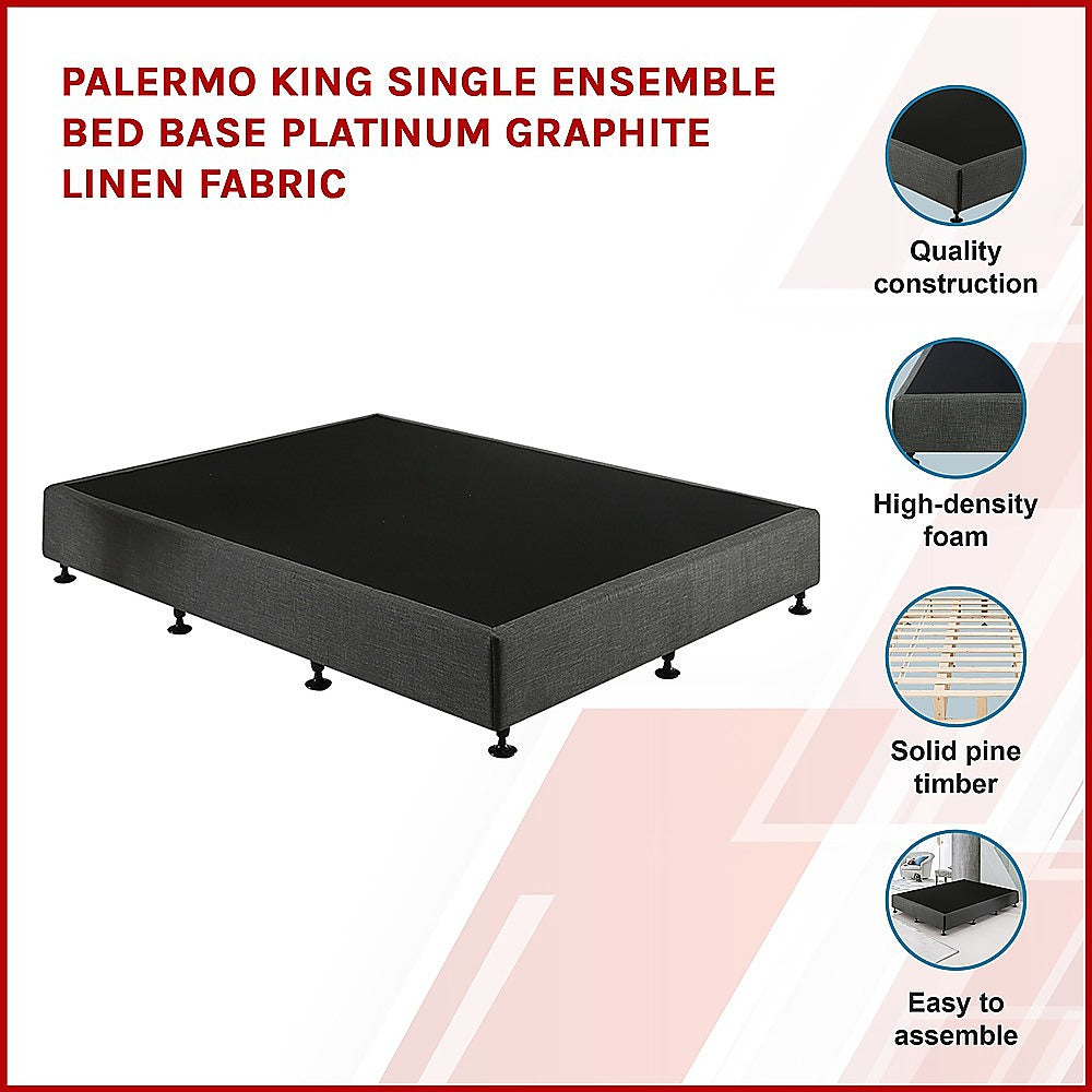 King Single Ensemble Bed Base Platinum Graphite Linen Fabric