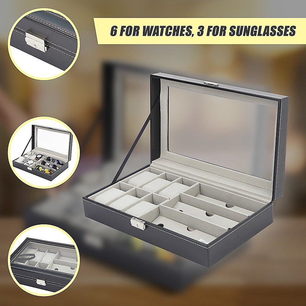 6+3 Grid Watch Sunglass Eyeglasses Display Box Case Storage Organizer PU Leather