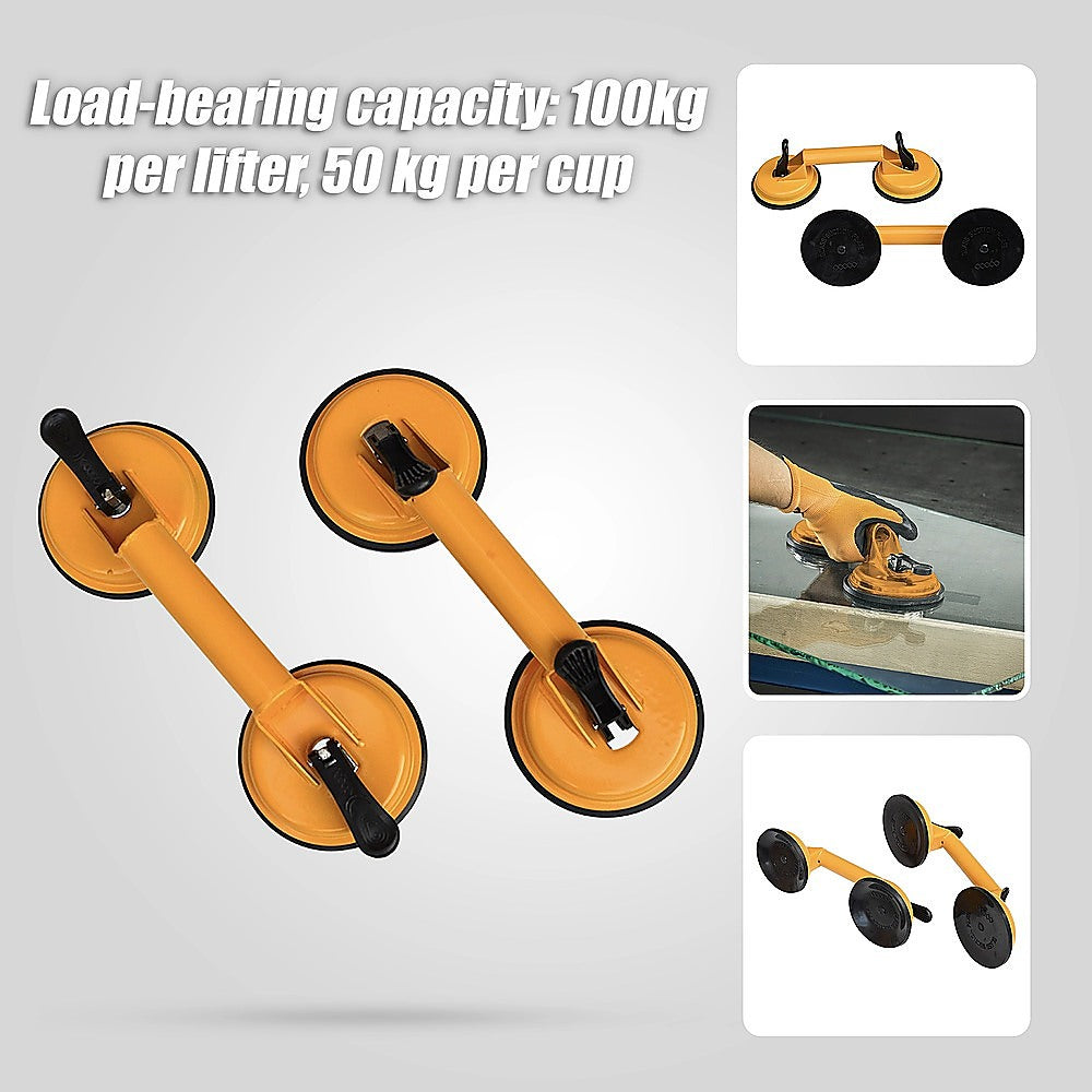 2x 100kg Aluminum Alloy Double Locking Suction Cup Glazer Glass Sucker Lifter