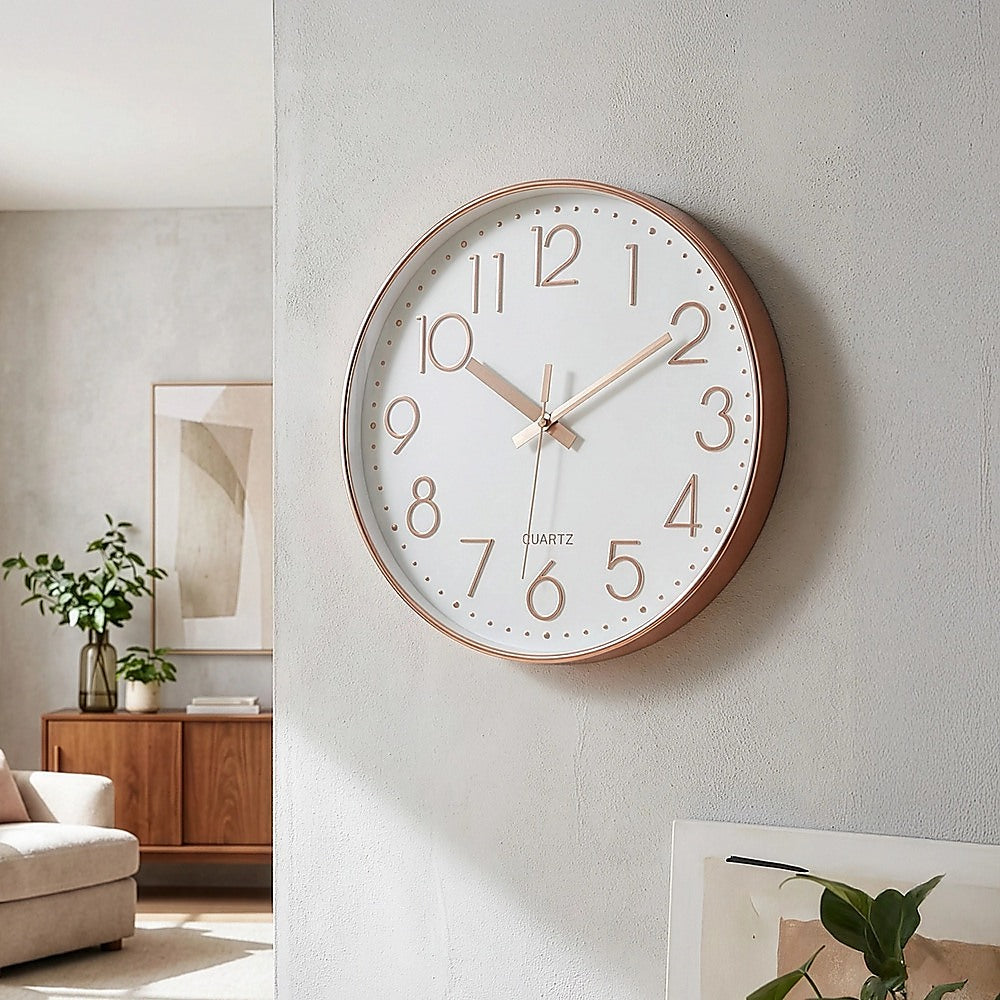 Modern Rose Gold Wall Clock – Silent Non-Ticking Quartz Battery Operated Design