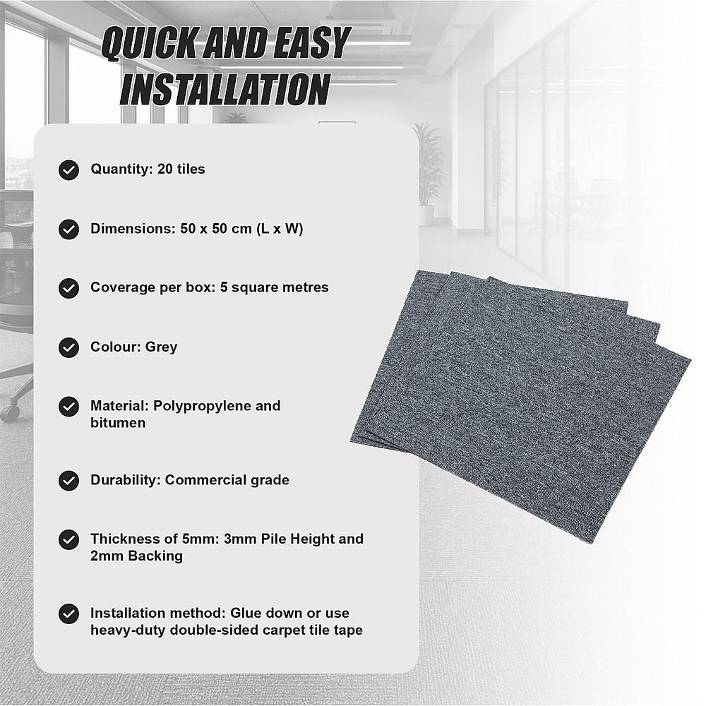 5m² Box of Premium Grey Carpet Tiles for Commercial and Home Flooring