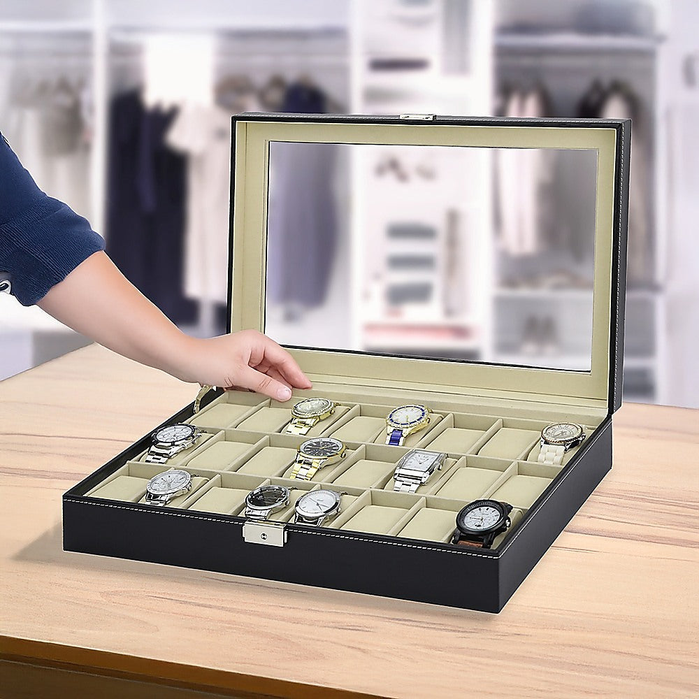 Watch Box - 24 Slot Luxury Display Case With Framed Glass Lid