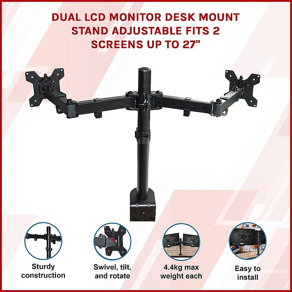 Dual LCD Monitor Desk Mount Stand Adjustable Fits 2 Screens Up To 27