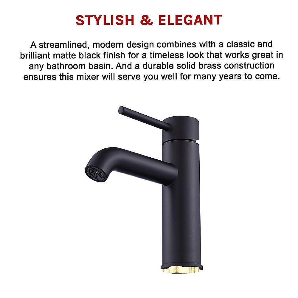 Solid Brass Bathroom Basin Mixer Tap, WELS 5-Star, Matte Black