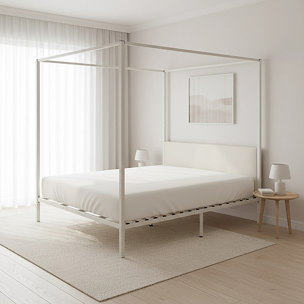 Four Poster King Bed Frame – Cream Steel, Classic Design, 300kg Capacity