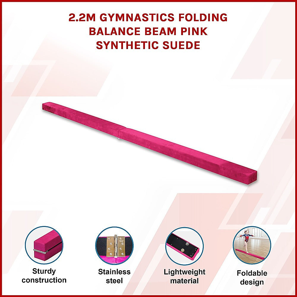 2.2m Gymnastics Folding Balance Beam Pink Synthetic Suede