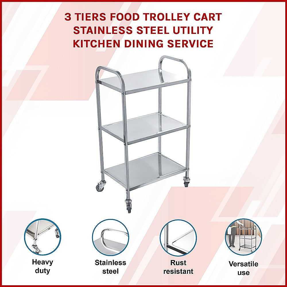 3 Tiers Food Trolley Cart Stainless Steel Utility Kitchen Dining Service