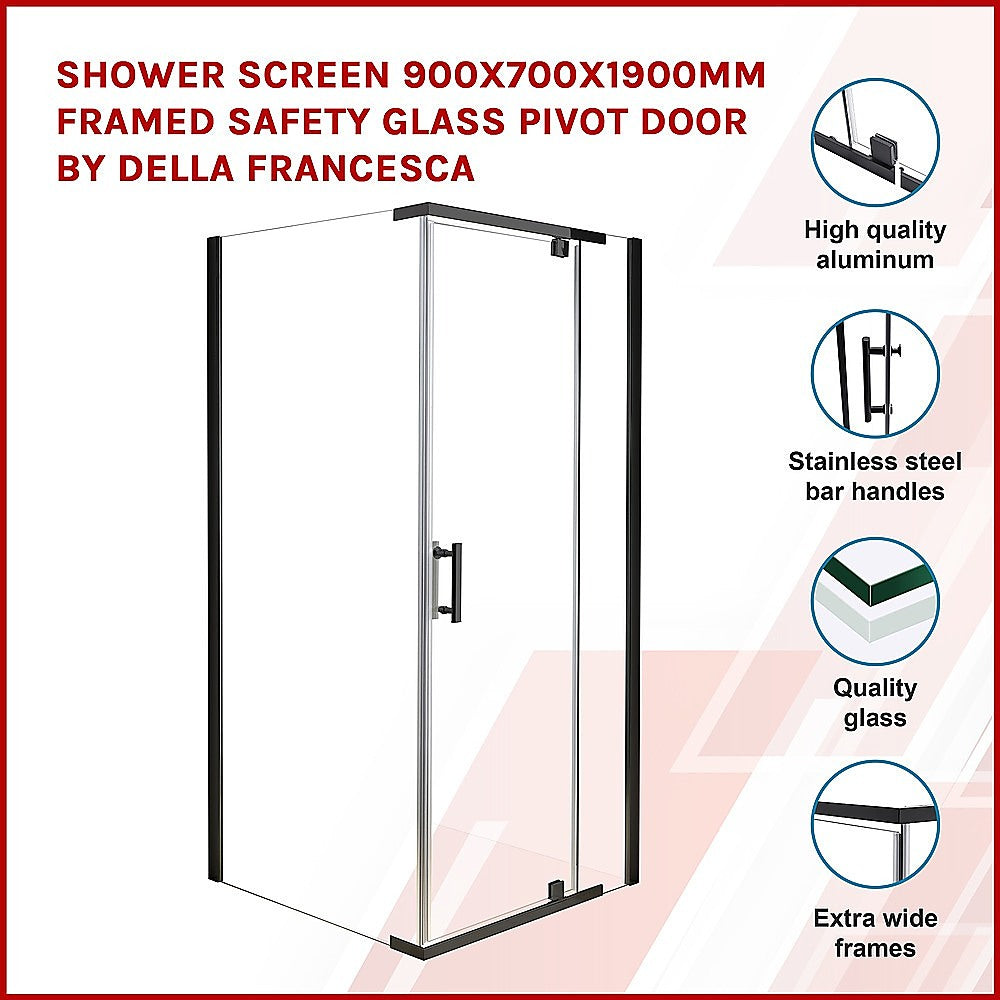 Shower Screen 900x700x1900mm Framed Safety Glass Pivot Door By