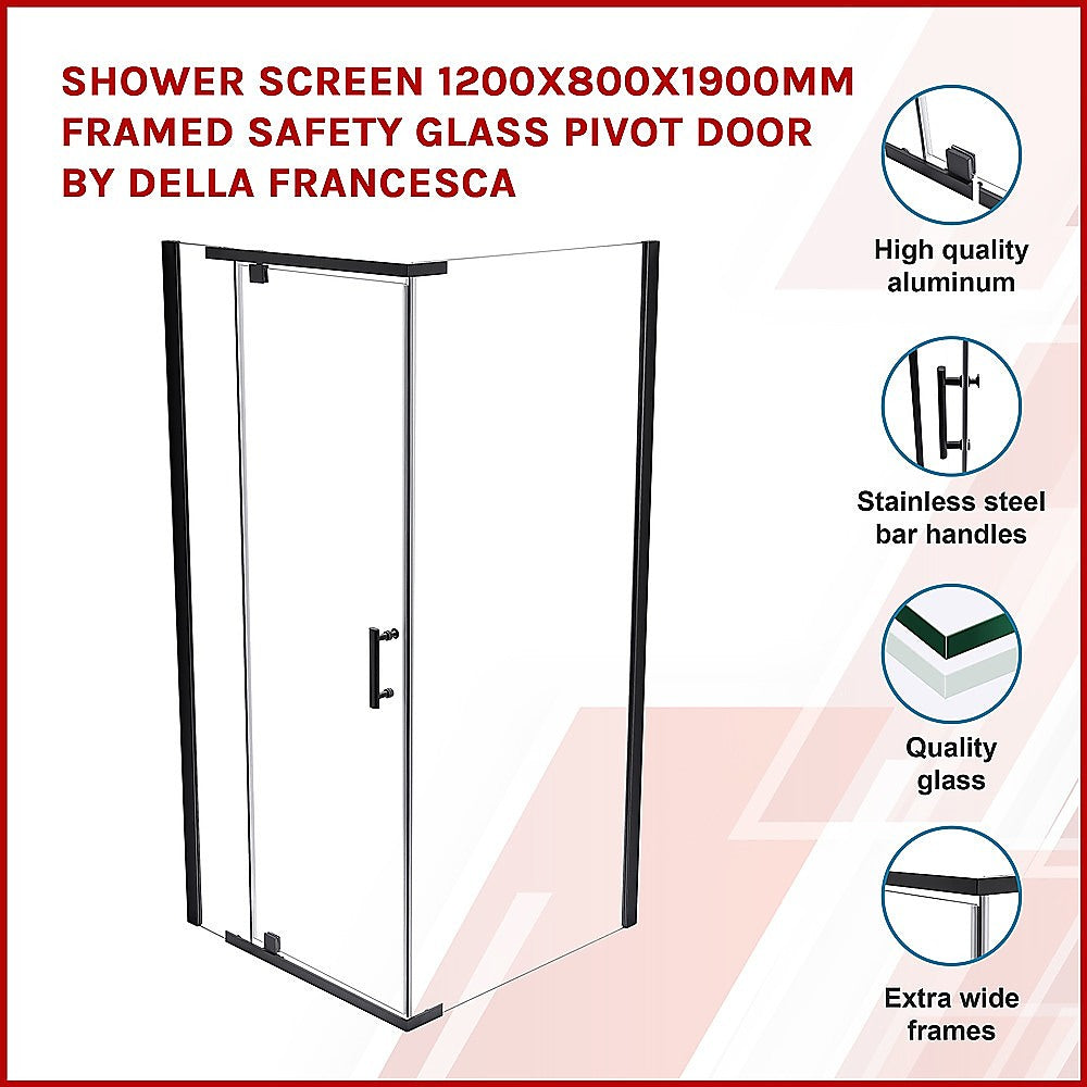 Shower Screen 1200x800x1900mm Framed Safety Glass Pivot Door By