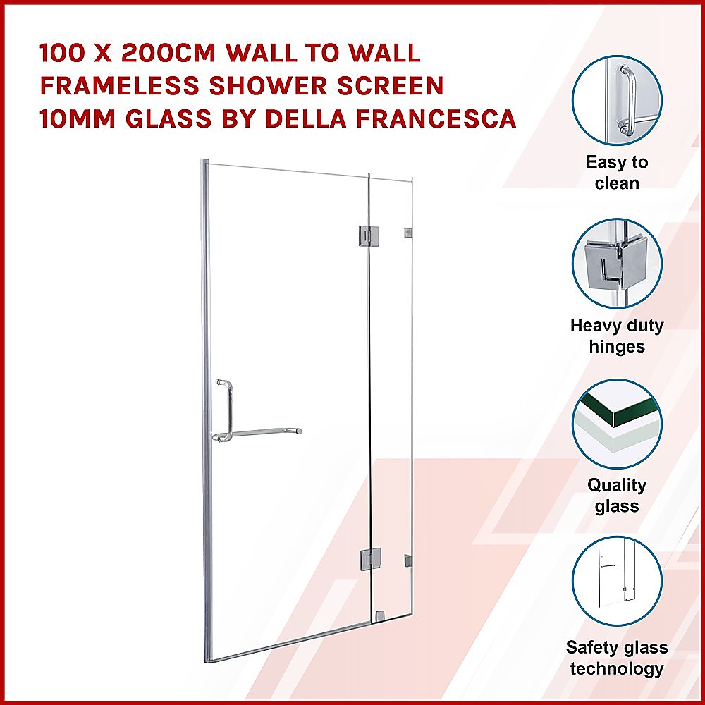 100 x 200cm Wall to Wall Frameless Shower Screen 10mm Glass By
