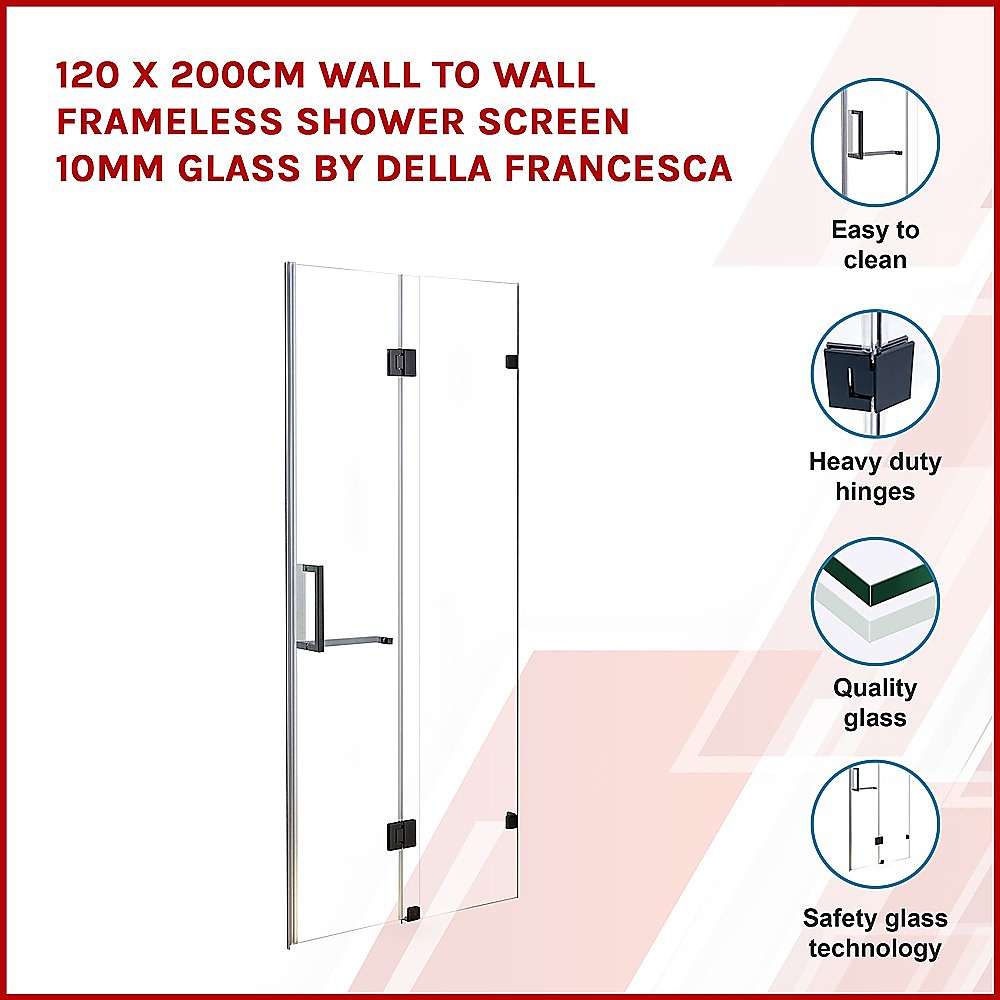 120 x 200cm Wall to Wall Frameless Shower Screen 10mm Glass By