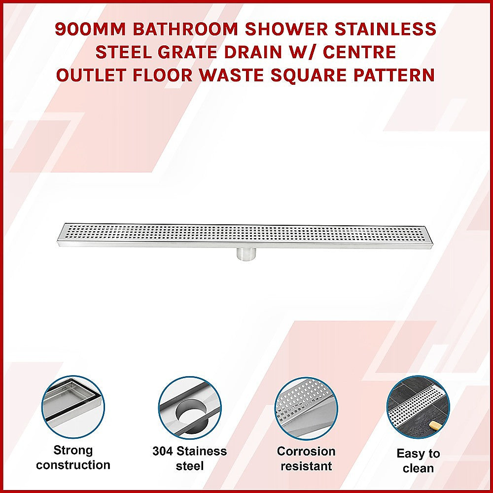 900mm Bathroom Shower Stainless Steel Grate Drain w/Centre outlet Floor Waste Square Pattern
