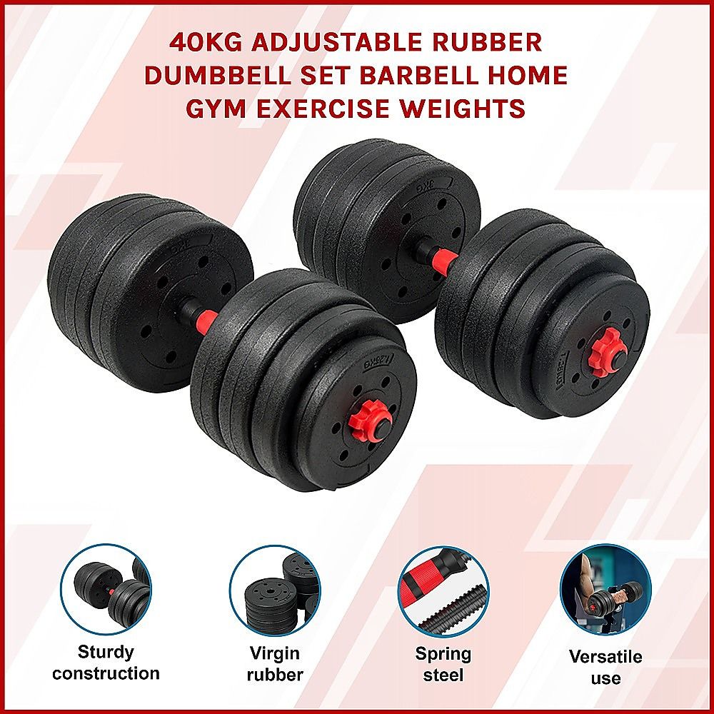 40kg Adjustable Rubber Dumbbell and Barbell Set with Chrome Bars for Home Gym