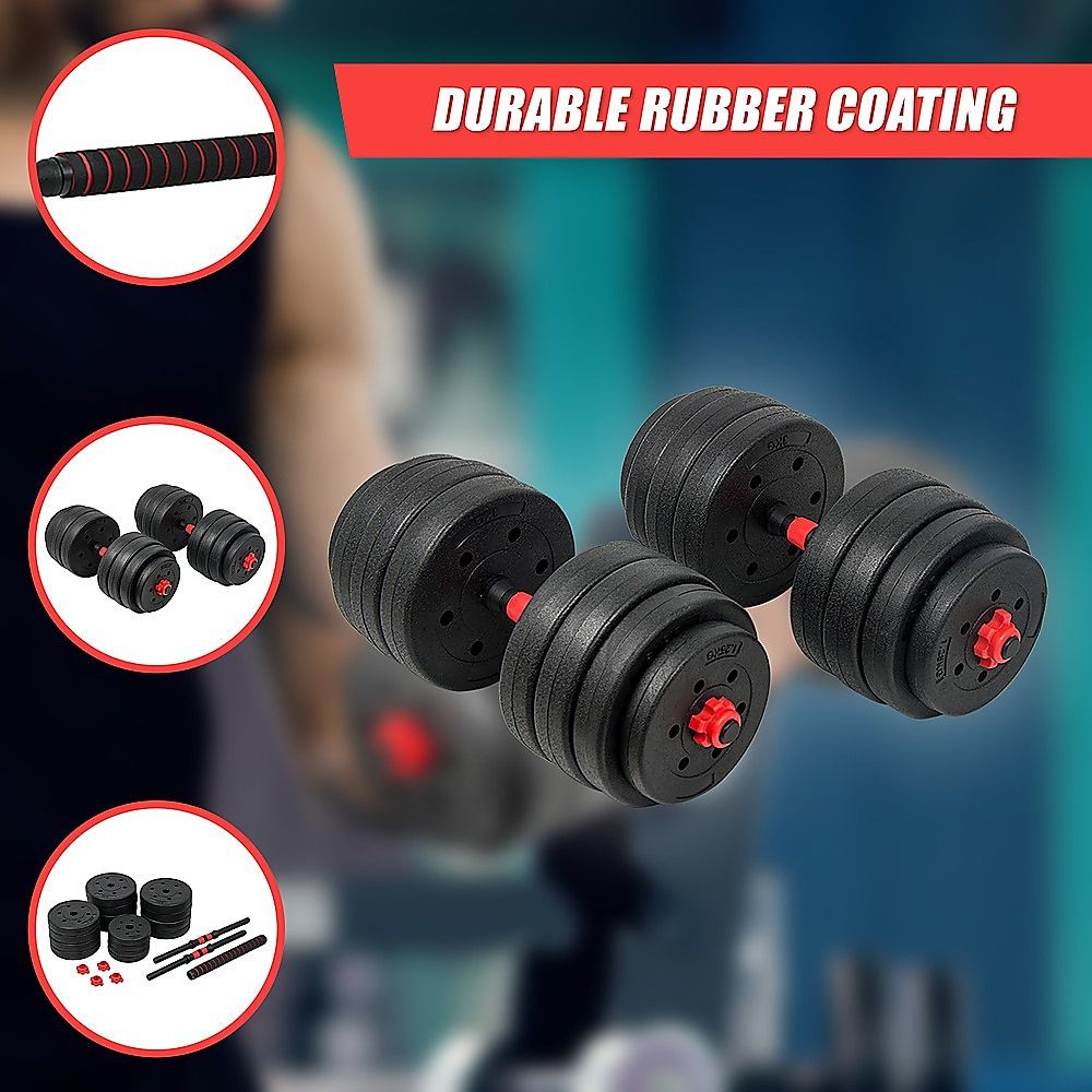 40kg Adjustable Rubber Dumbbell and Barbell Set with Chrome Bars for Home Gym