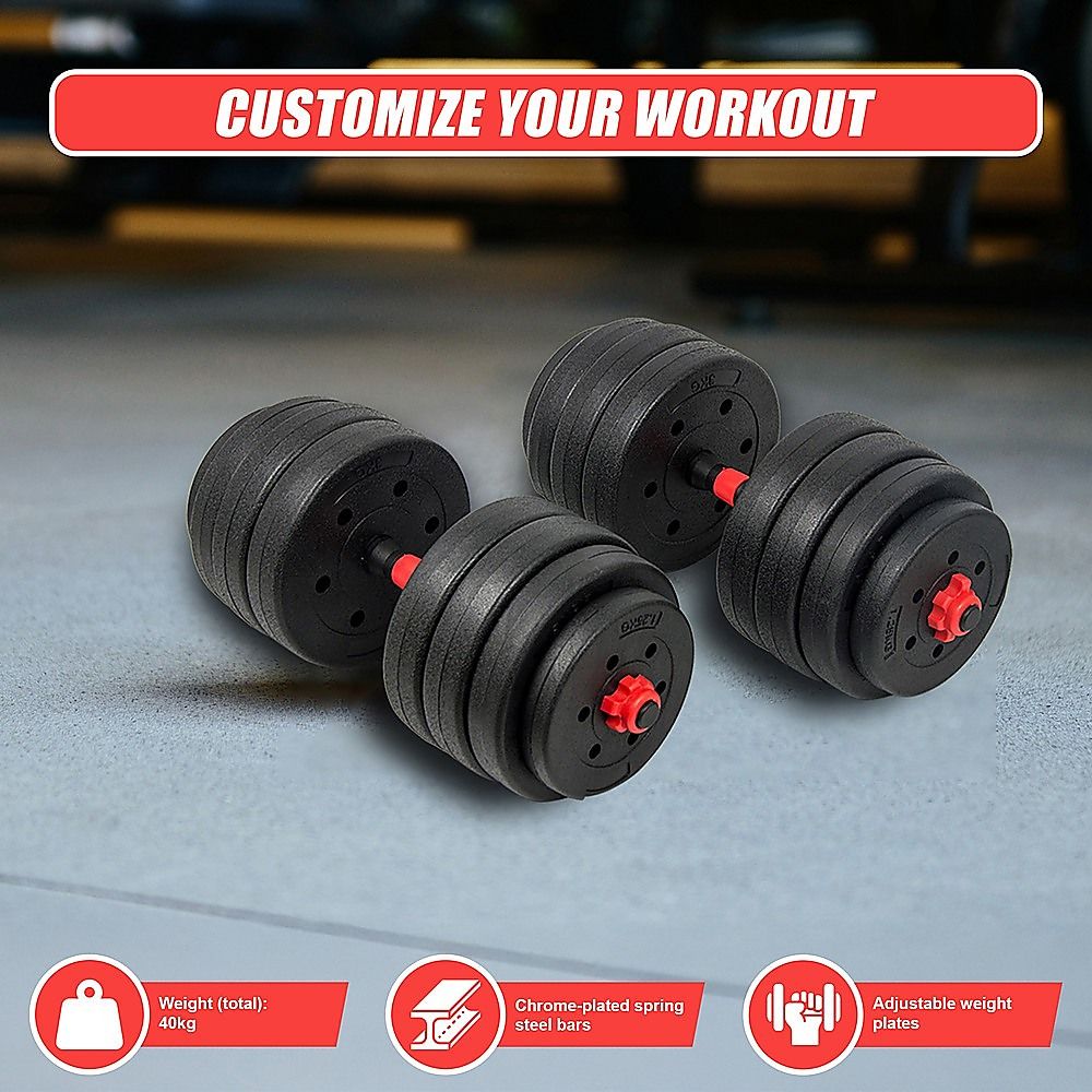 40kg Adjustable Rubber Dumbbell and Barbell Set with Chrome Bars for Home Gym