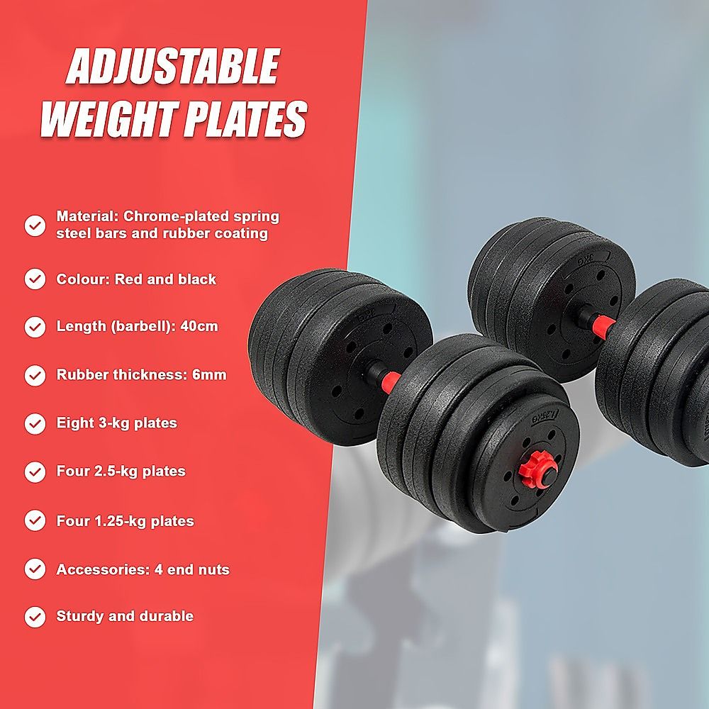 40kg Adjustable Rubber Dumbbell and Barbell Set with Chrome Bars for Home Gym