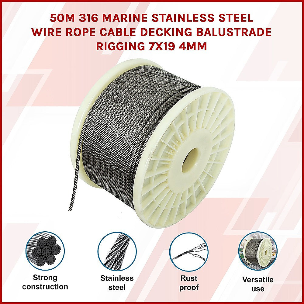 50M 316 Marine Stainless Steel Wire Rope Cable Decking Balustrade Rigging 7x19 4mm
