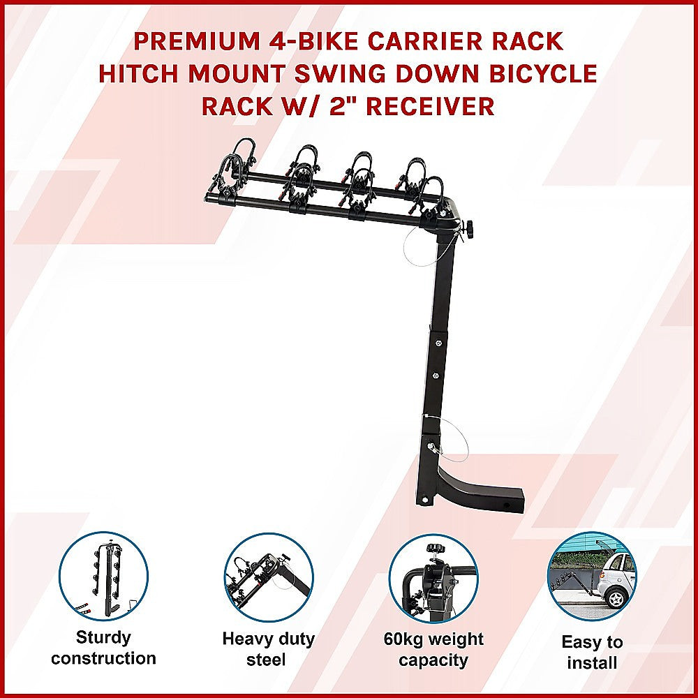 Premium 4-Bike Carrier Rack Hitch Mount Swing Down Bicycle Rack W/ 2