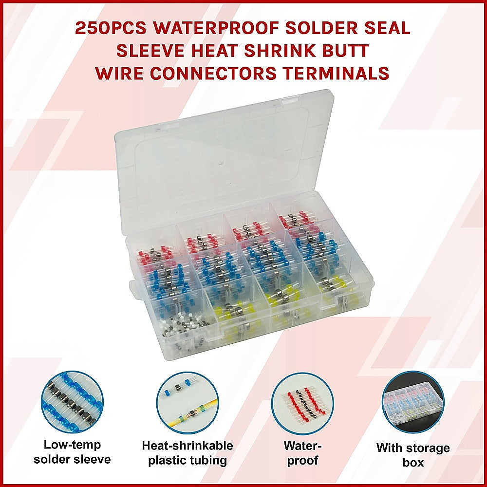 250PCS Waterproof Solder Seal Sleeve Heat Shrink Butt Wire Connectors Terminals