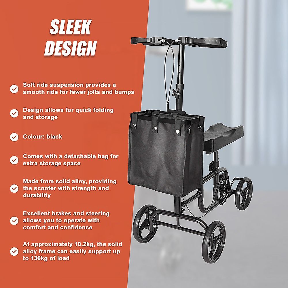 Foldable Knee Walker Scooter Crutch Alternative with Brakes & Storage Bag, 136kg