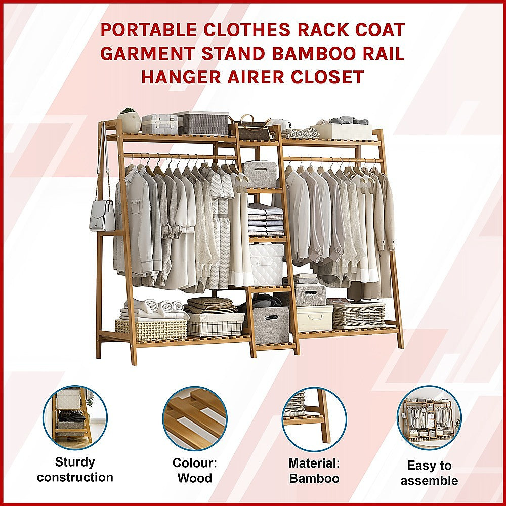 Portable Clothes Rack Coat Garment Stand Bamboo Rail Hanger Airer Closet