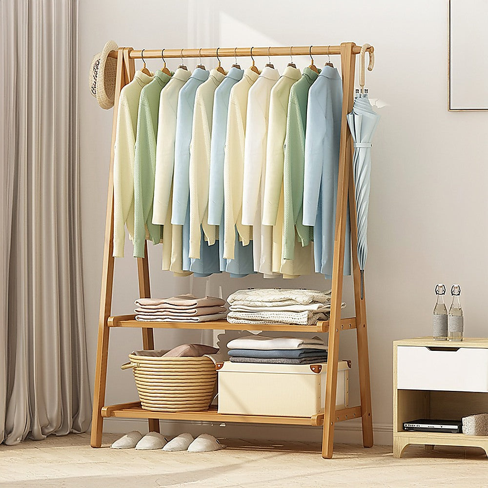 Portable Clothes Rack Coat Garment Stand Bamboo Rail Hanger Airer Closet