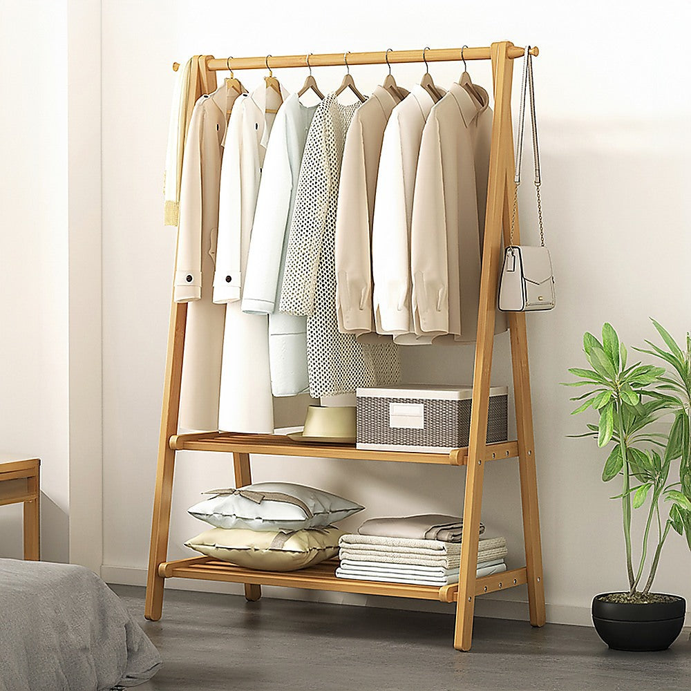 Portable Clothes Rack Coat Garment Stand Bamboo Rail Hanger Airer Closet