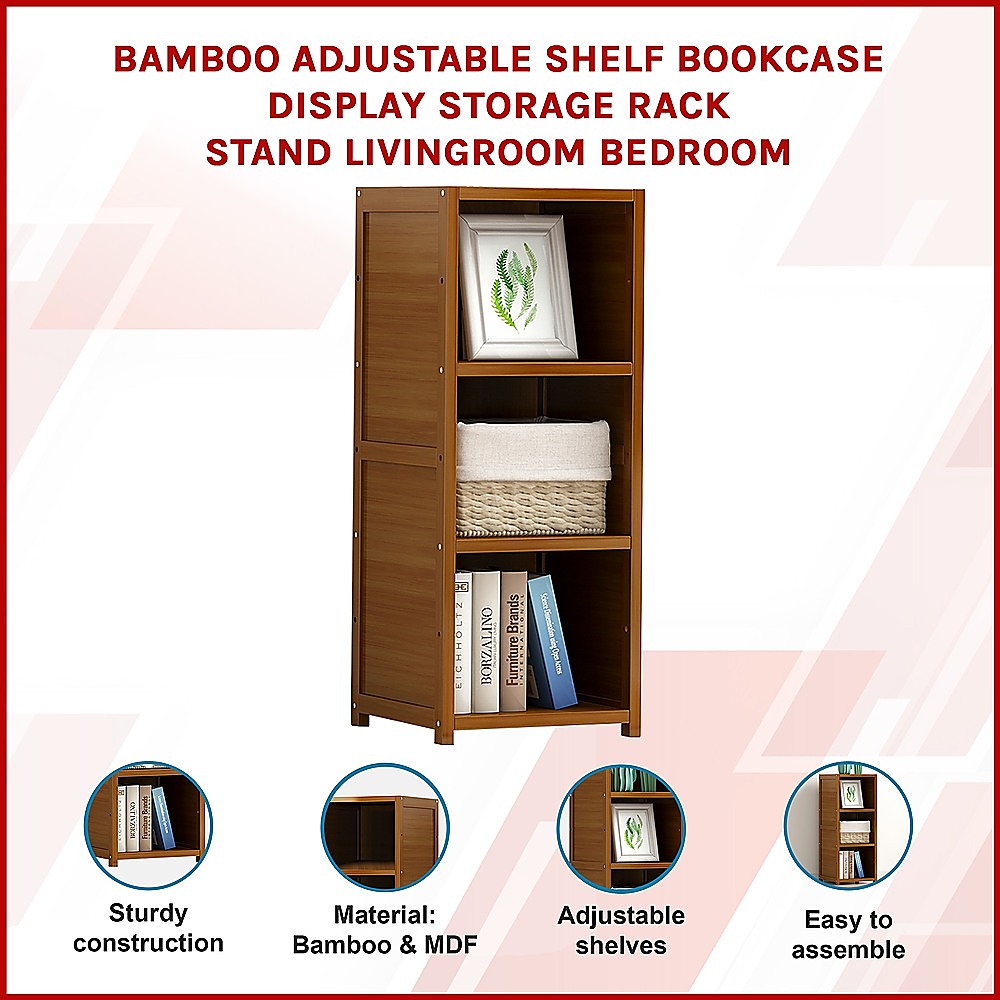 Bamboo Adjustable 3-Shelf Bookcase – Display Storage Rack Stand for Living Room, Bedroom, Office or Home Décor