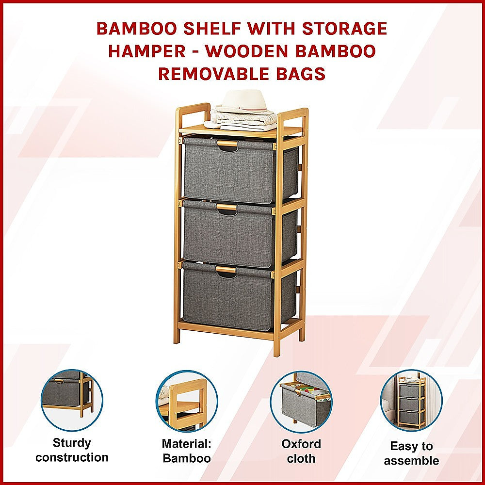 Bamboo Shelf with Storage Hamper – Wooden Organiser with 3 Removable Laundry Bags