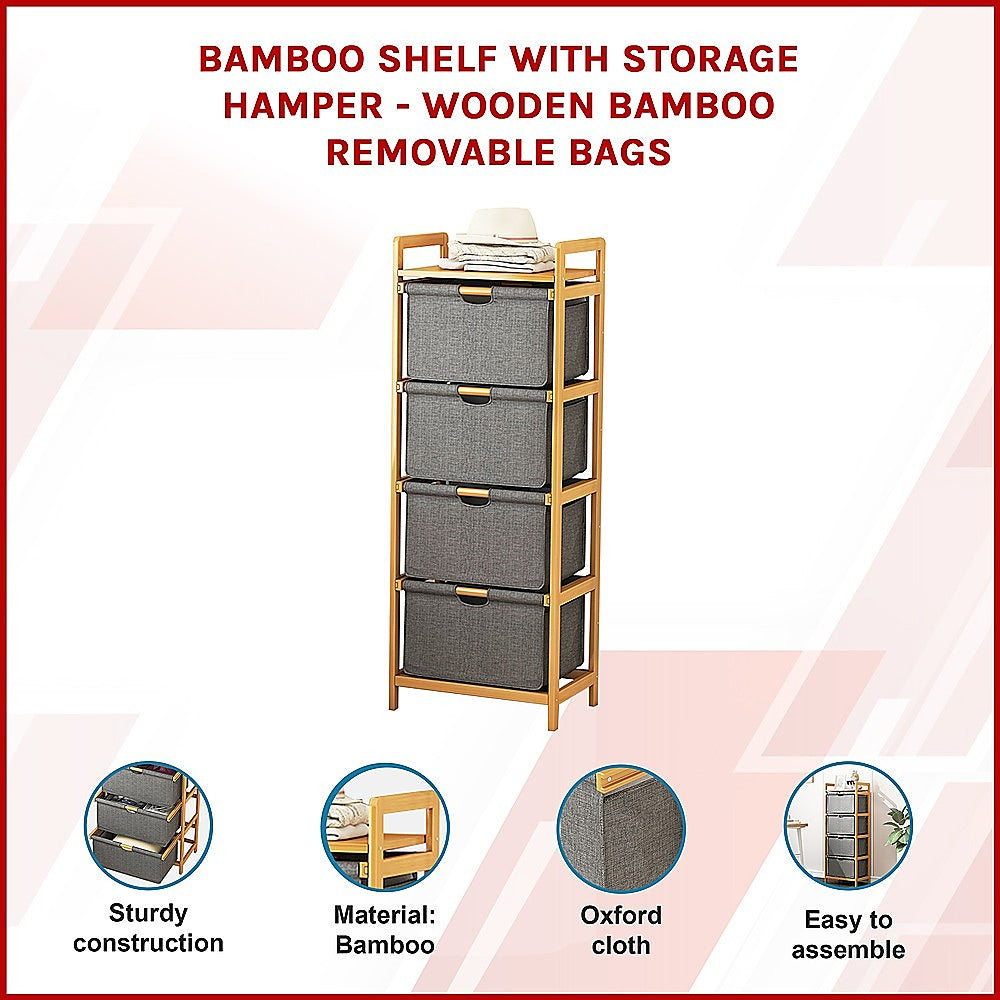 Bamboo Shelf with Storage Hamper – Wooden Organiser with 4 Removable Laundry Bags