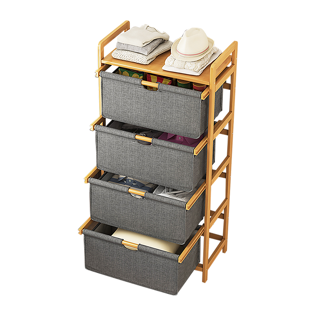 Bamboo Shelf with Storage Hamper – Wooden Organiser with 4 Removable Laundry Bags