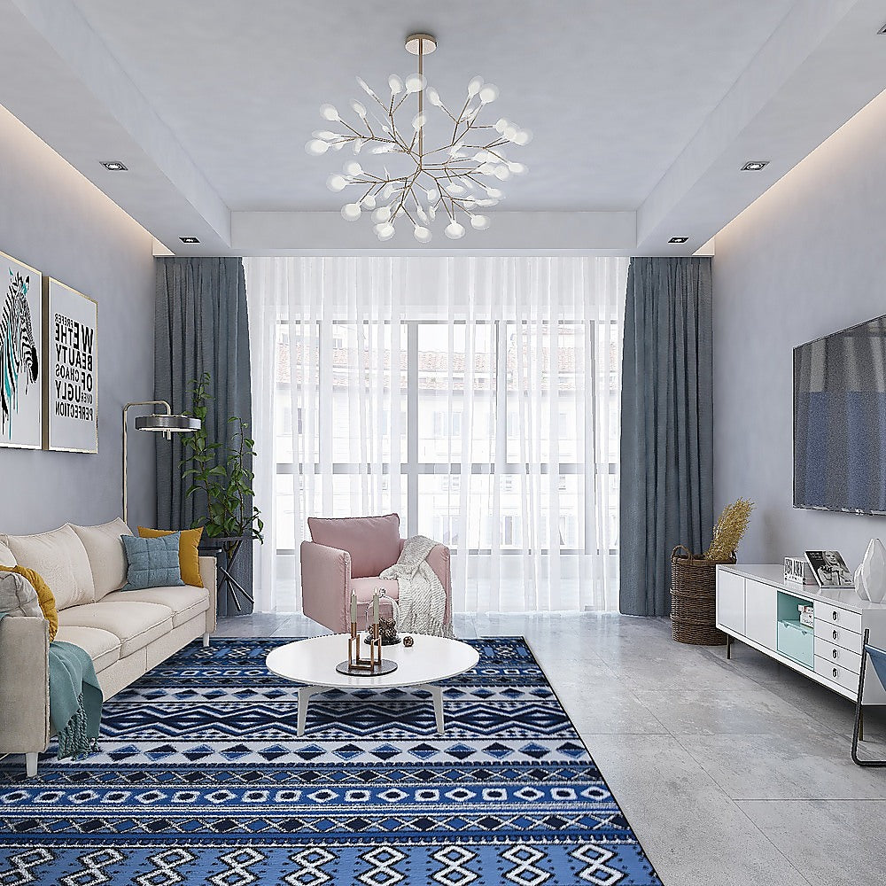 200x300cm Large Floor Blue Ethnic Rug – Modern Area Carpet for Bedroom, Living Room, Lounge or Home Décor Mat