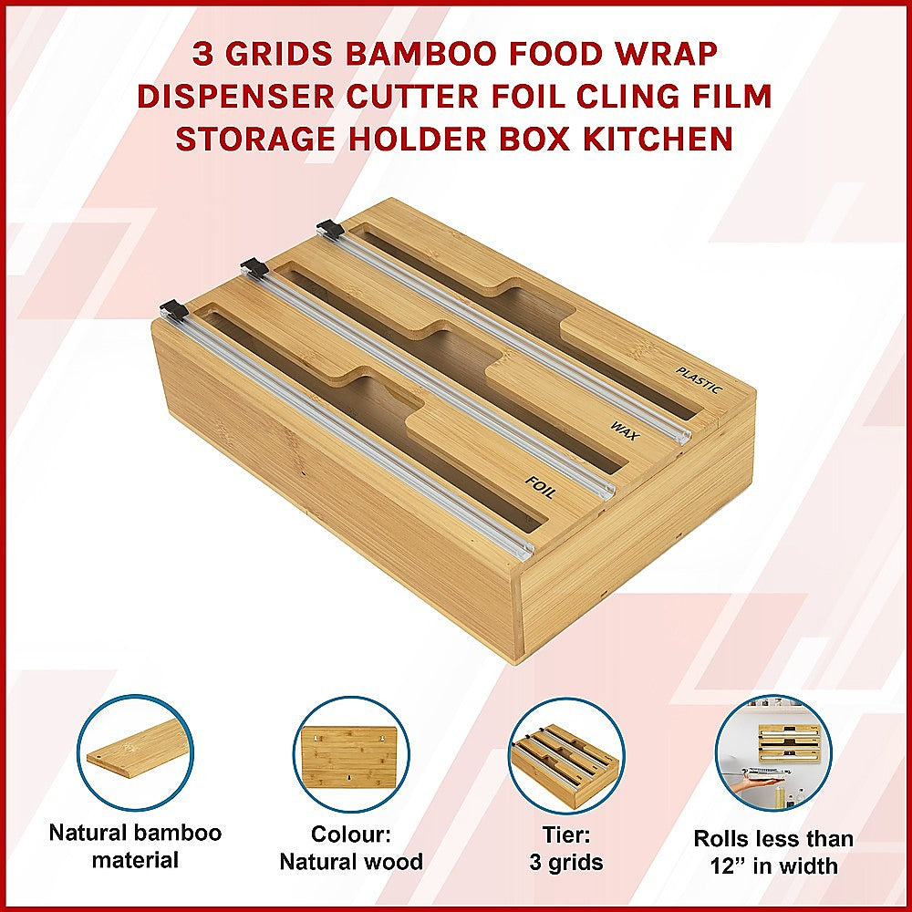 3 Grids Bamboo Food Wrap Dispenser Cutter Foil Cling Film Storage Holder Box Kitchen