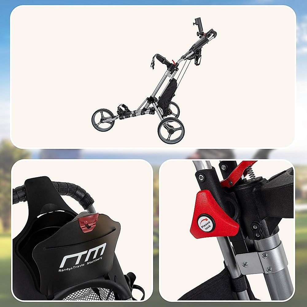 Randy & Travis 3-Wheel Foldable Golf Buggy Trolley Cart with Lockable Console