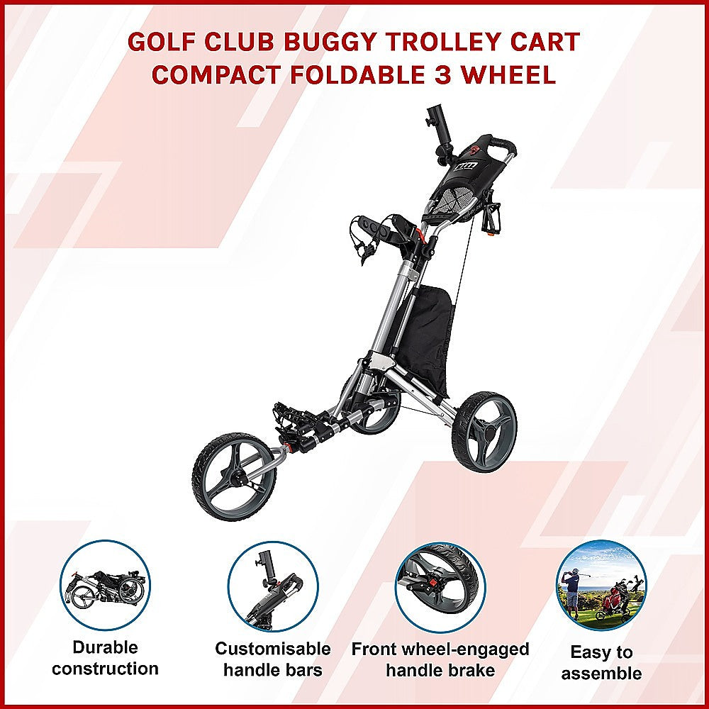 Golf Club Buggy Trolley Cart Compact Foldable 3 Wheel