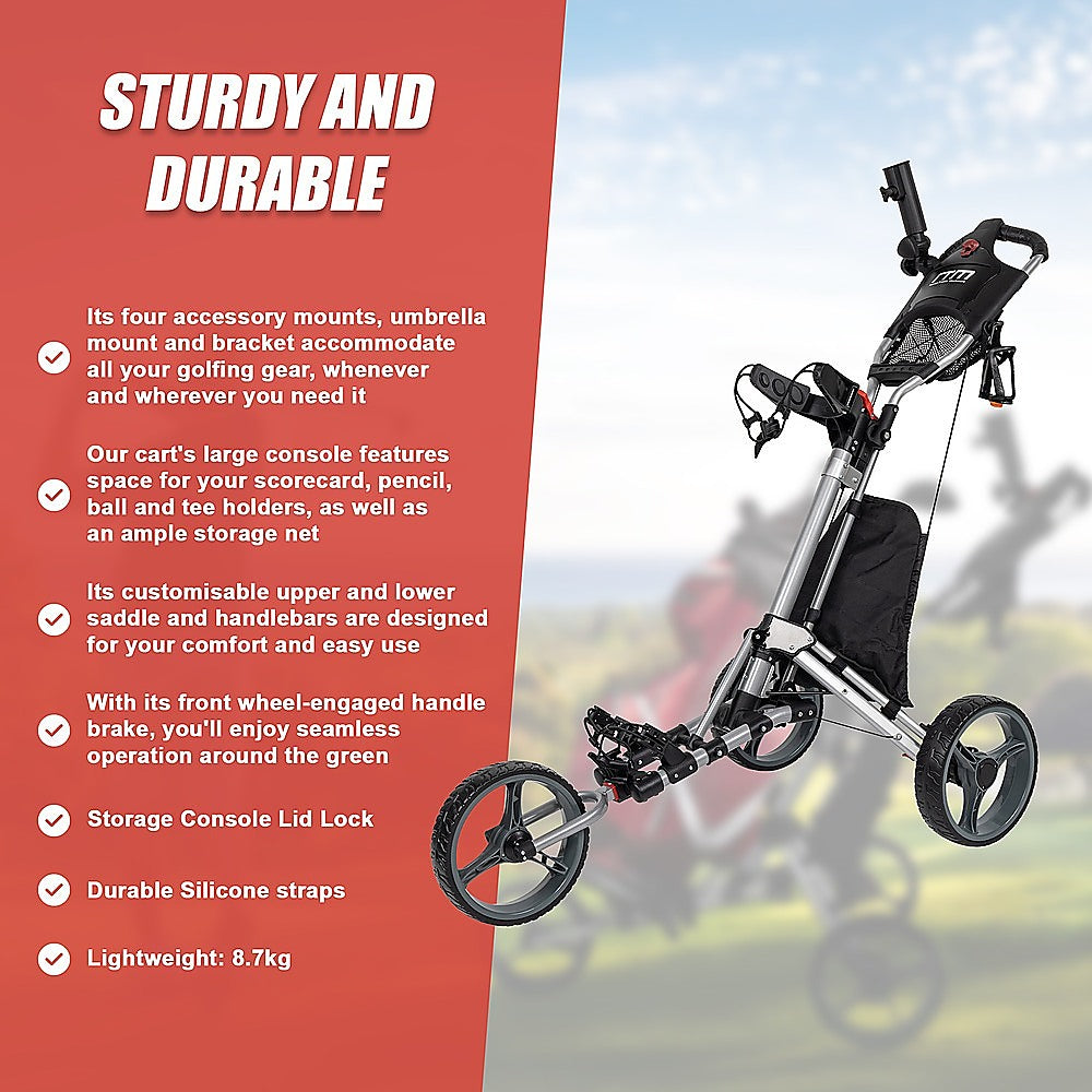 Golf Club Buggy Trolley Cart Compact Foldable 3 Wheel