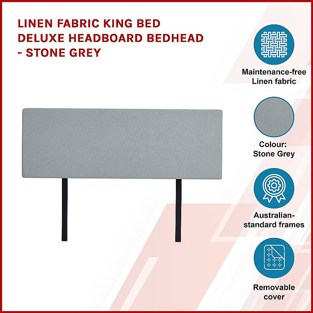 Deluxe King Bed Headboard in Stone Grey Linen Fabric with Removable Cover